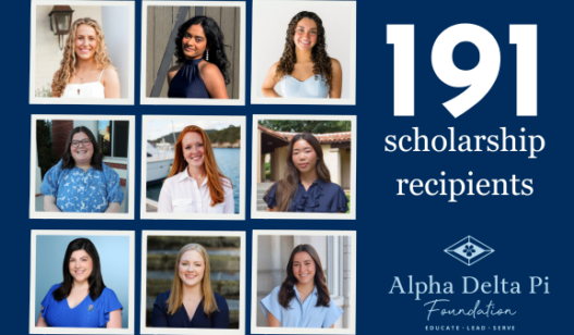 Photos of nine scholarship recipients with the text "191 scholarship recipients" and the Alpha Delta Pi Foundation logo